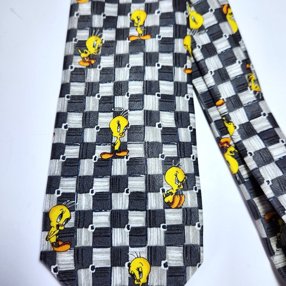 Vintage Warner Brothers Looney Tunes Tweety Bird Tie 1999 Black & White Check
